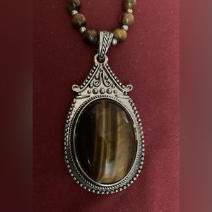 Vintage Tiger's Eye Cabochon Ornate Silver Tone Bezel Setting Beaded Necklace